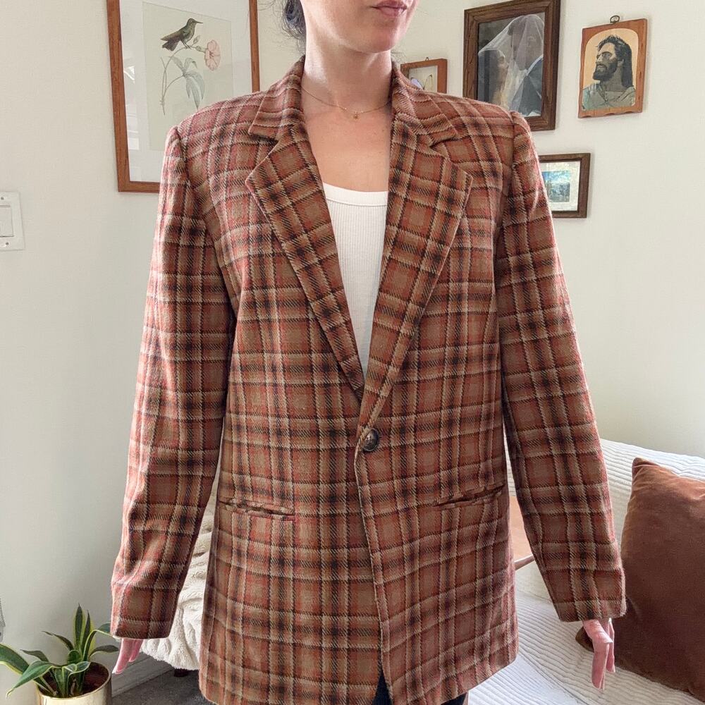 Vintage Sag Harbor Plaid Wool Blend Blazer Jacket Orange Brown Size 10